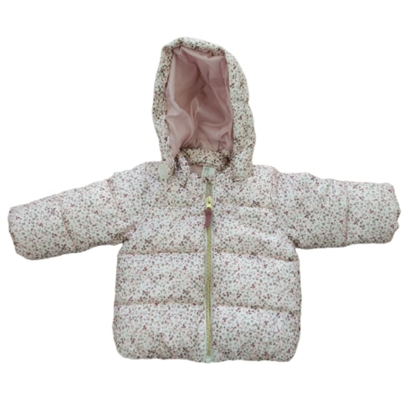 H&M Jackets & Coats Hm Baby Girls Floral Puffer Jacket With Removable Hood Gold Tone Front